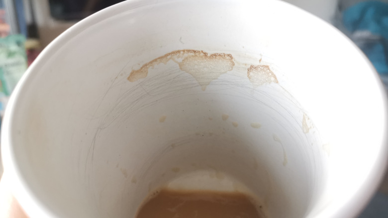 Inside a coffee mug with black scratch lines