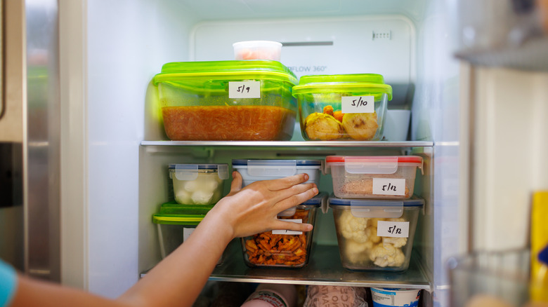 person storing Tupperware of food in fridge