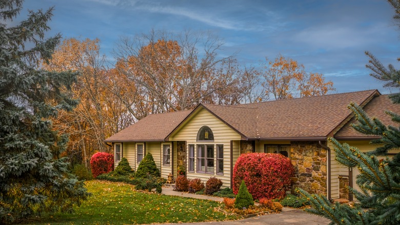 Single-story house with yard in fall