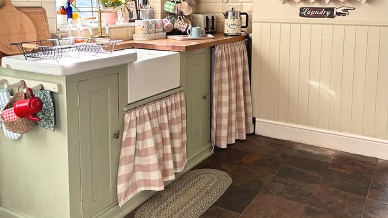 under the sink curtains in cottagecore kitchen