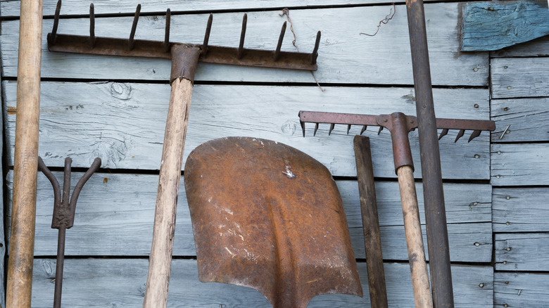 Weathered lawn tools sitting against a wood wall