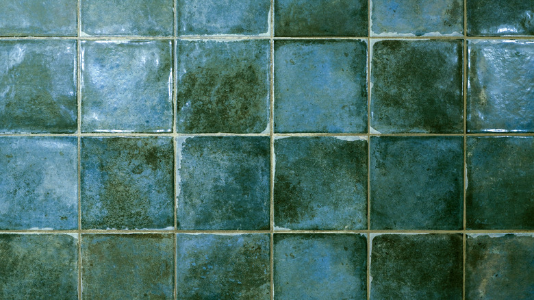 A closeup photo features dark green tiles with color variation on a wall