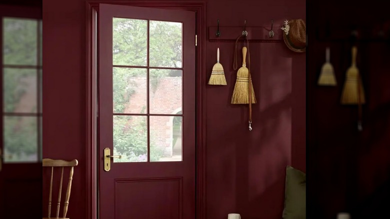 A rich plum shade form Graham & Brown known as Divine Damsel on the walls and door on an entrance into a home