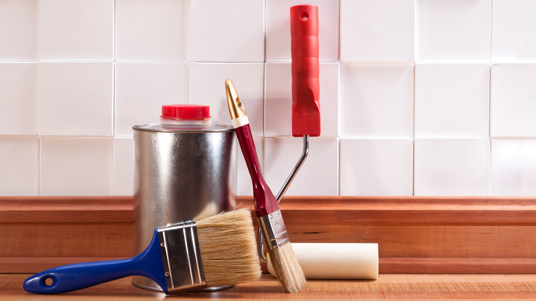 paint supplies on a counter