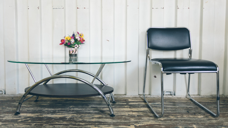 A chrome chair and table