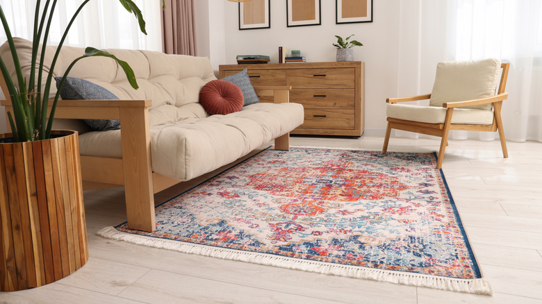 Living room with a colorful patterned vintage-inspired rug