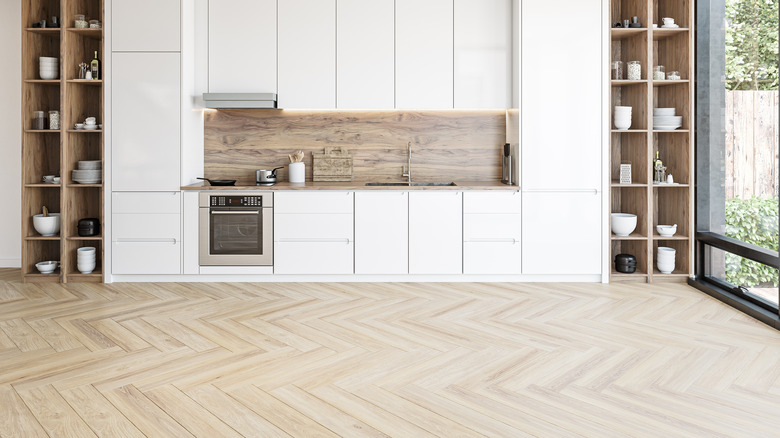 Light hardwood floors in kitchen