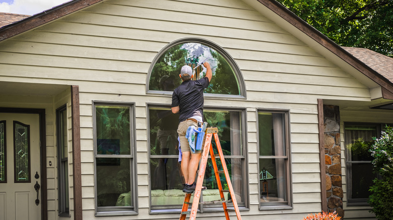 person cleaning windows using a ladder