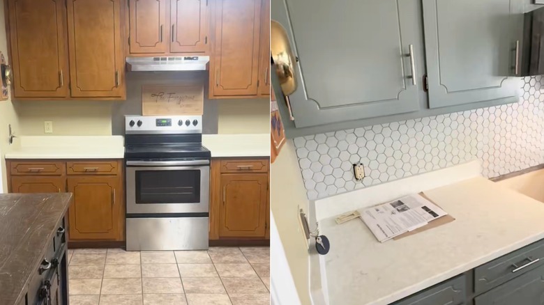 A split image of the before and after from a kitchen DIY
