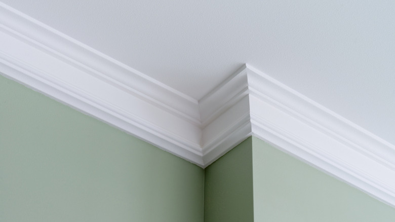 Crown molding lines the space between a minty green wall and plain white ceiling.