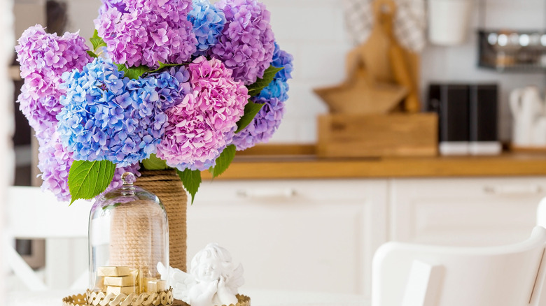 vase of blue, purple hydrangeas