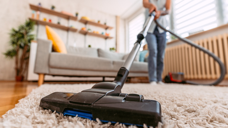 Woman vacuums carpet