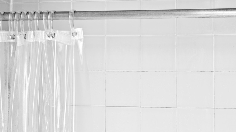 Shower curtain and hooks on rod