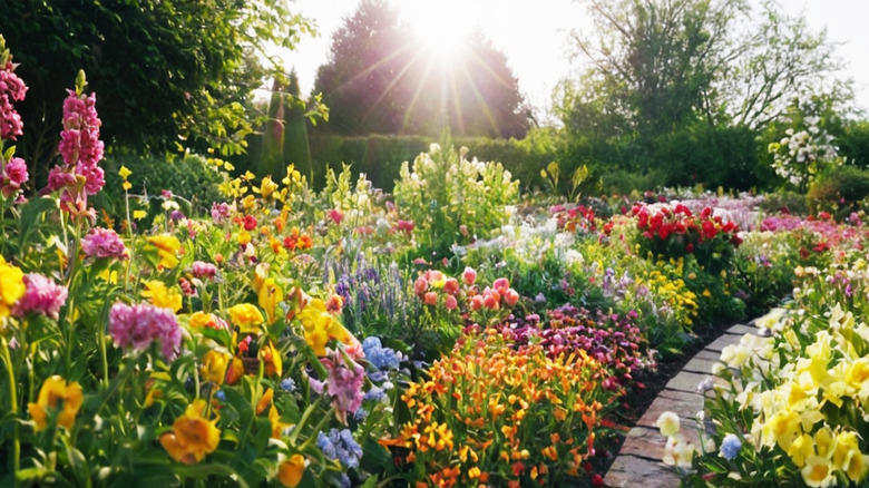 Garden full of colorful flowers in bloom