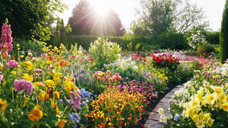 A flowering garden in the morning sun