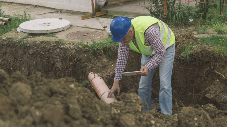 Person inspecting a sewer line in a yard
