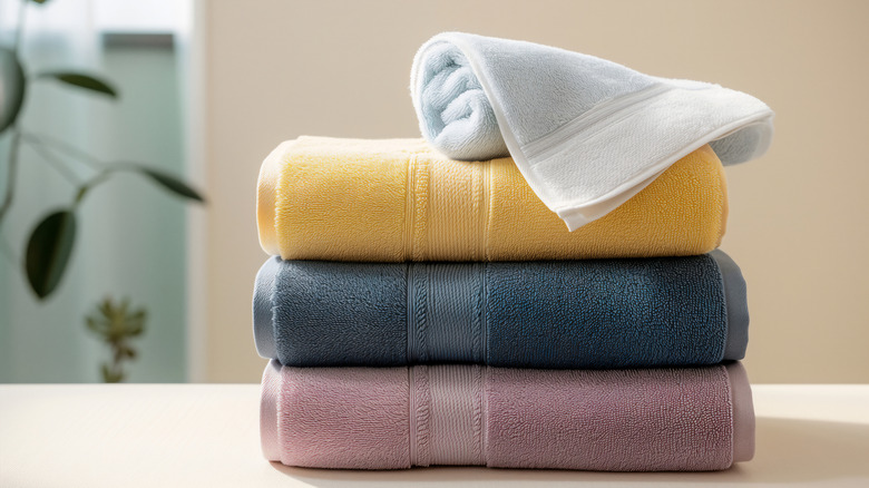Stack of colored towels in the bathroom