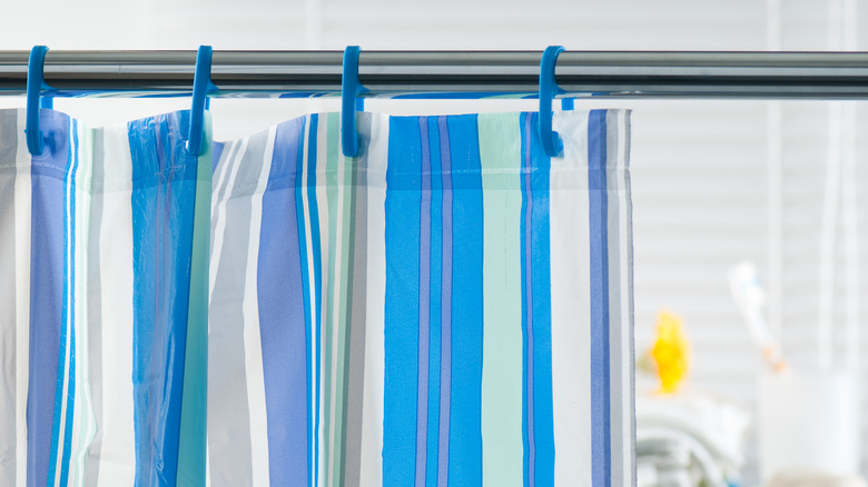blue striped shower curtain