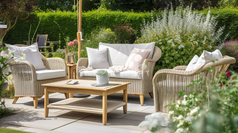 Garden with outdoor furniture and flowering plants