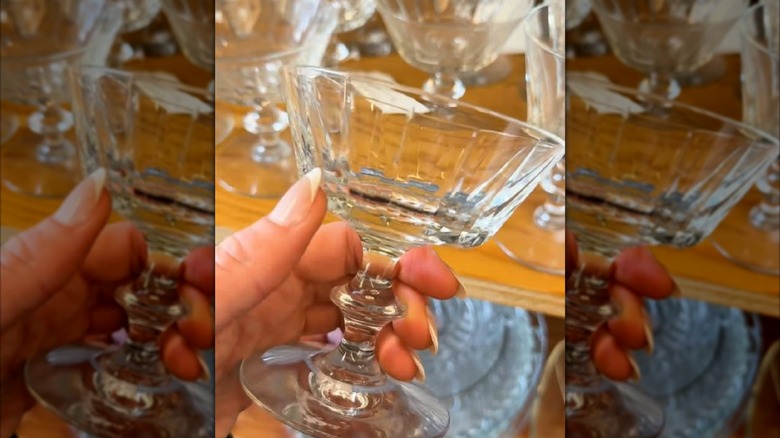 Manicured hand holding cocktail glass at thrift store
