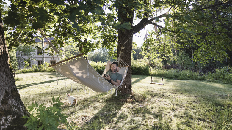Person relaxing in backyard hammock