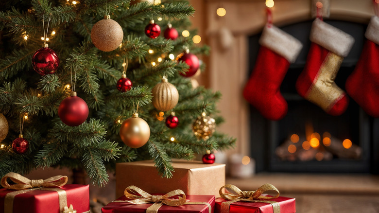 A room with a real Christmas tree and presents