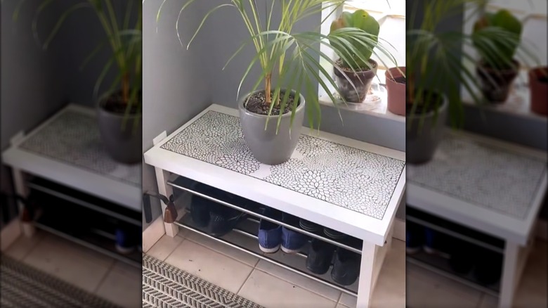 flipped shoe rack with top shelf added to hold plant