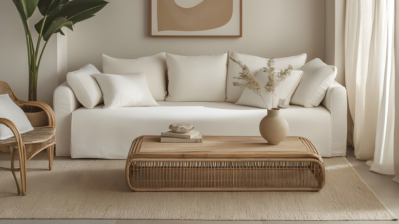A wooden rectangular coffee table with books and a vase on top in front of a cream-colored couch