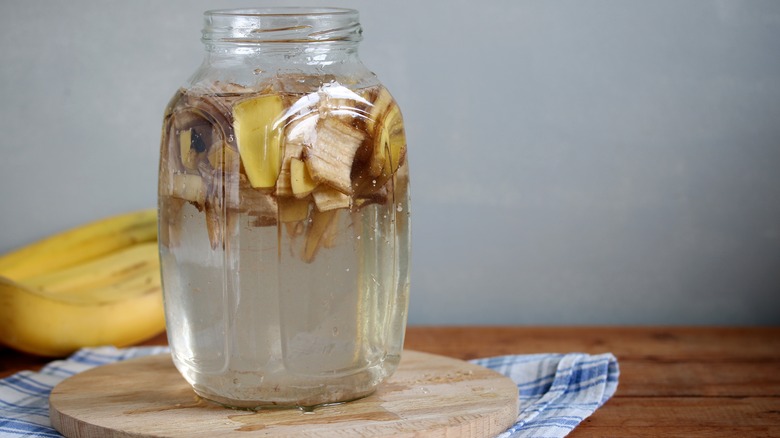Banana peels soaking in a glass jar of water