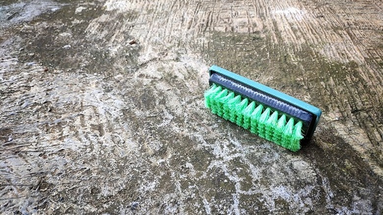 Close up of scrub brush on dirty concrete