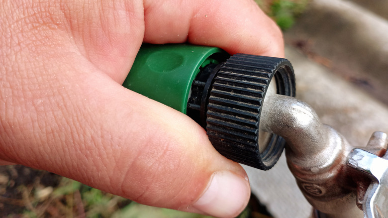 A hand holding a green hose attached to a spigot