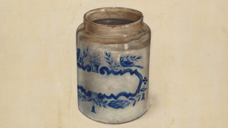 Illustration of an antique stoneware crock with cobalt blue markings.