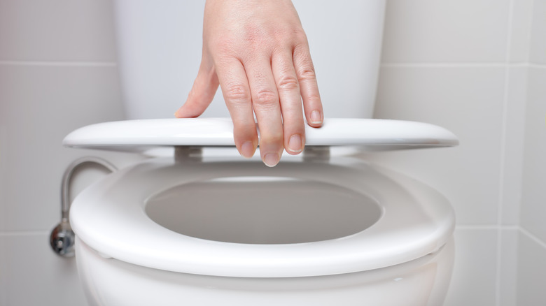woman closing toilet seat
