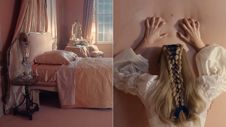 A split image of the "skin room" set of Wuthering Heights and Margot Robbie gripping the wall