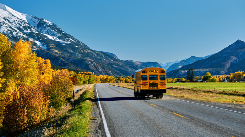 Schoolbus driving through mountains
