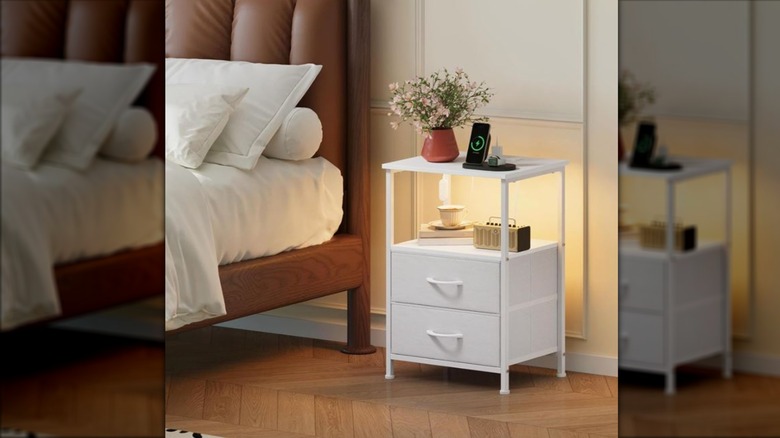White Somdot nightstand with warm lighting and phone charging