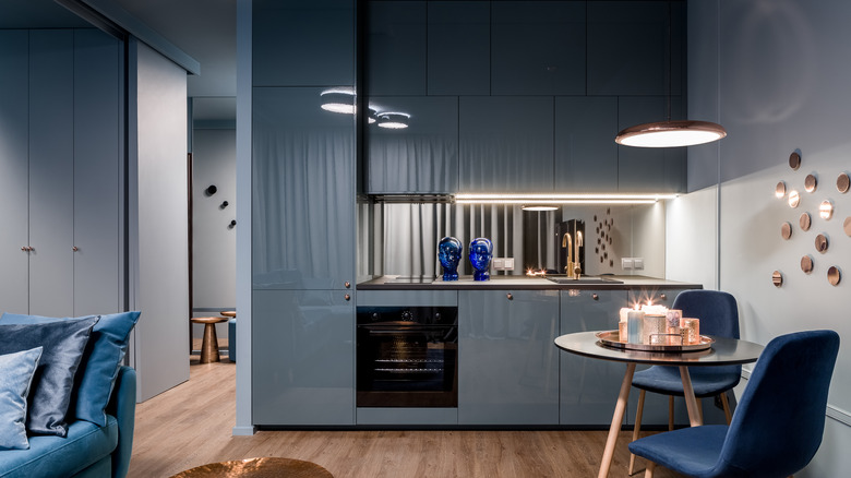 kitchen with blue cabinets