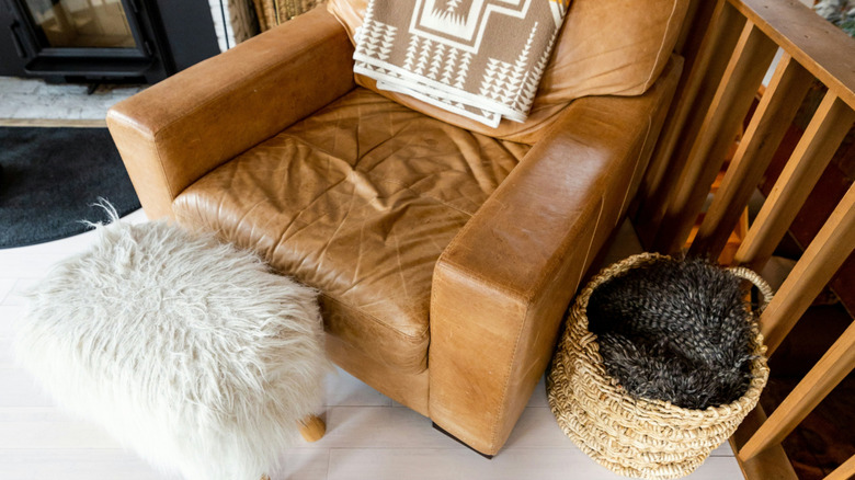 basket with blanket in living room