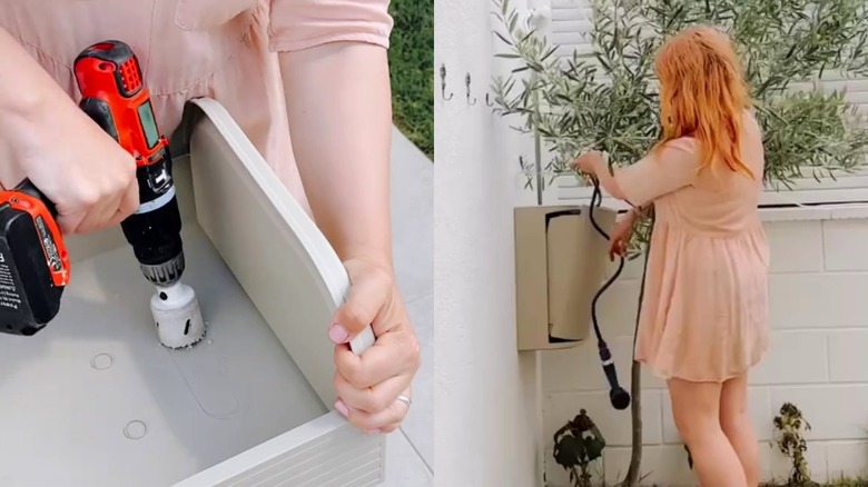 Woman drills a hole inside a bin to create a custom hanging garden hose storage bin