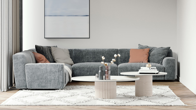 Living area with gray sofa