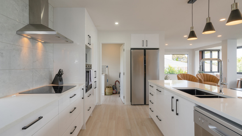 Modern black and white kitchen with lights