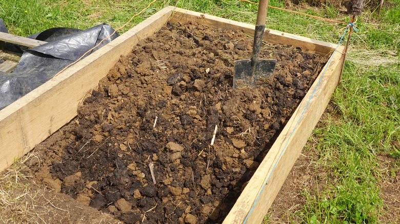 An unseen gardener mixes soil components in a raised garden bed.
