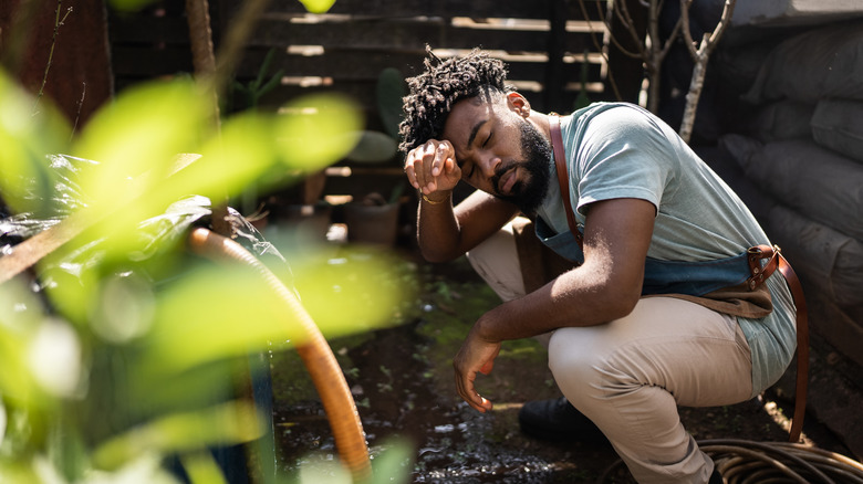 A tired African American gardener wipes his brow in frustration.