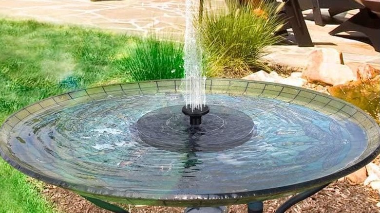 Solar powered fountain addition for inside a bird bath