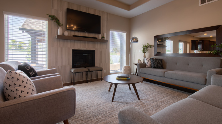 A neutral living room in a transitional style
