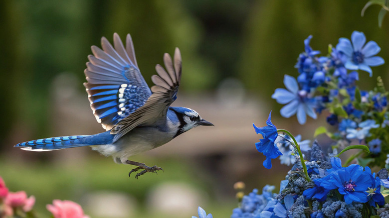 Blue jay flying towards blue flowers