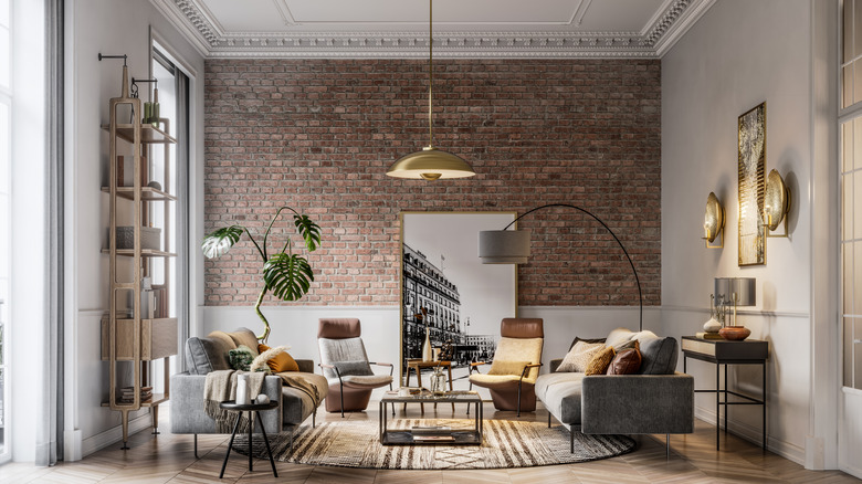 living room with brick wall
