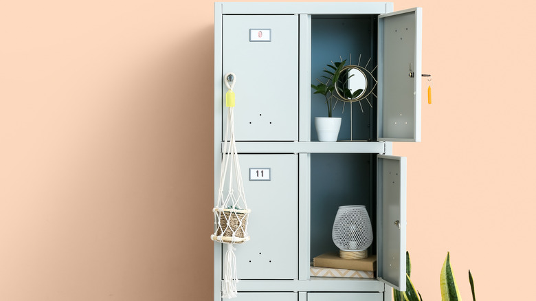 A locker with opened doors and decor inside