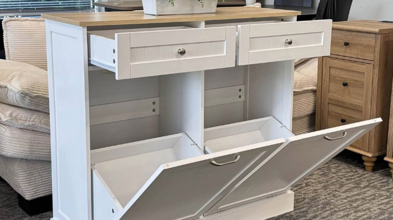 white tilt out cabinet with drawers opened