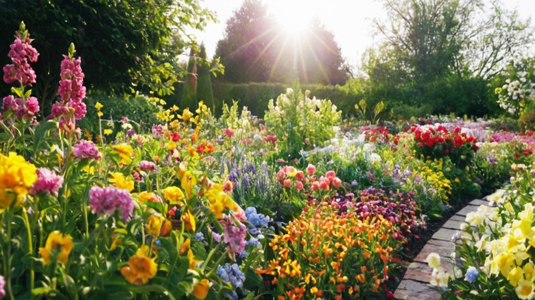 Flower garden with colorful flowers in bloom in the spring